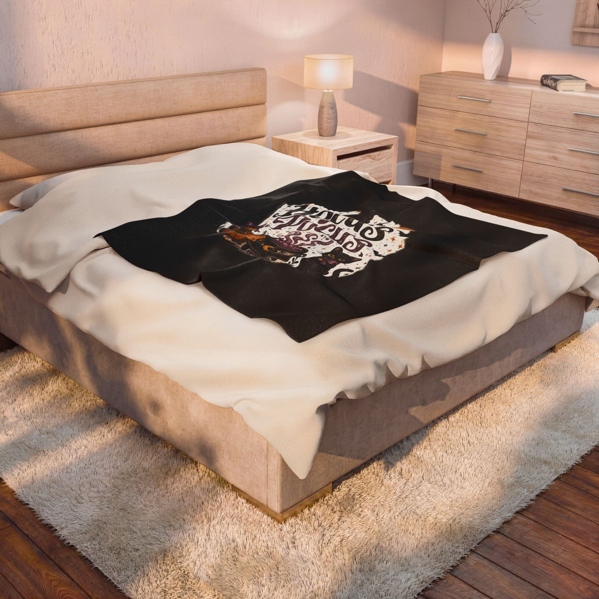 Hocus Pocus Velvet Plush Blanket – Halloween Witch Cauldron Cat Pumpkin Throw