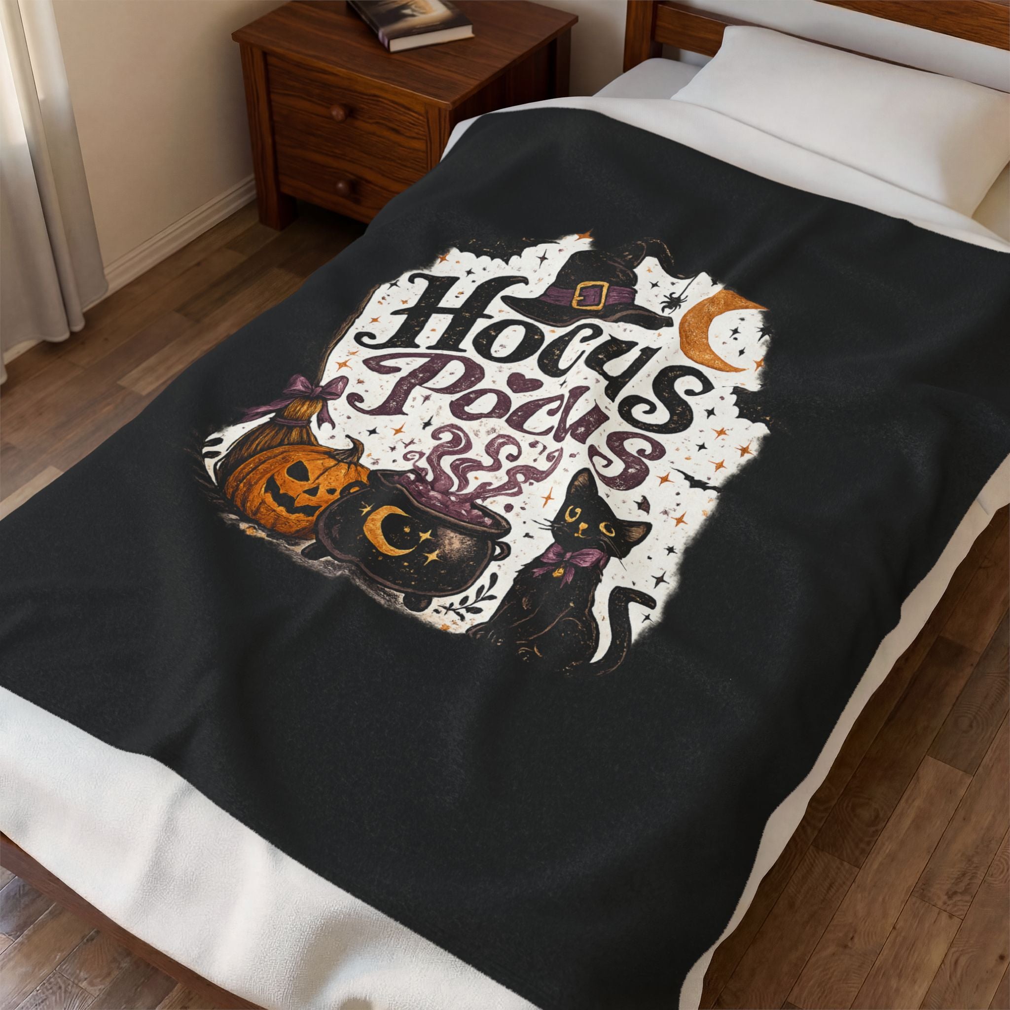 Hocus Pocus Velvet Plush Blanket – Halloween Witch Cauldron Cat Pumpkin Throw